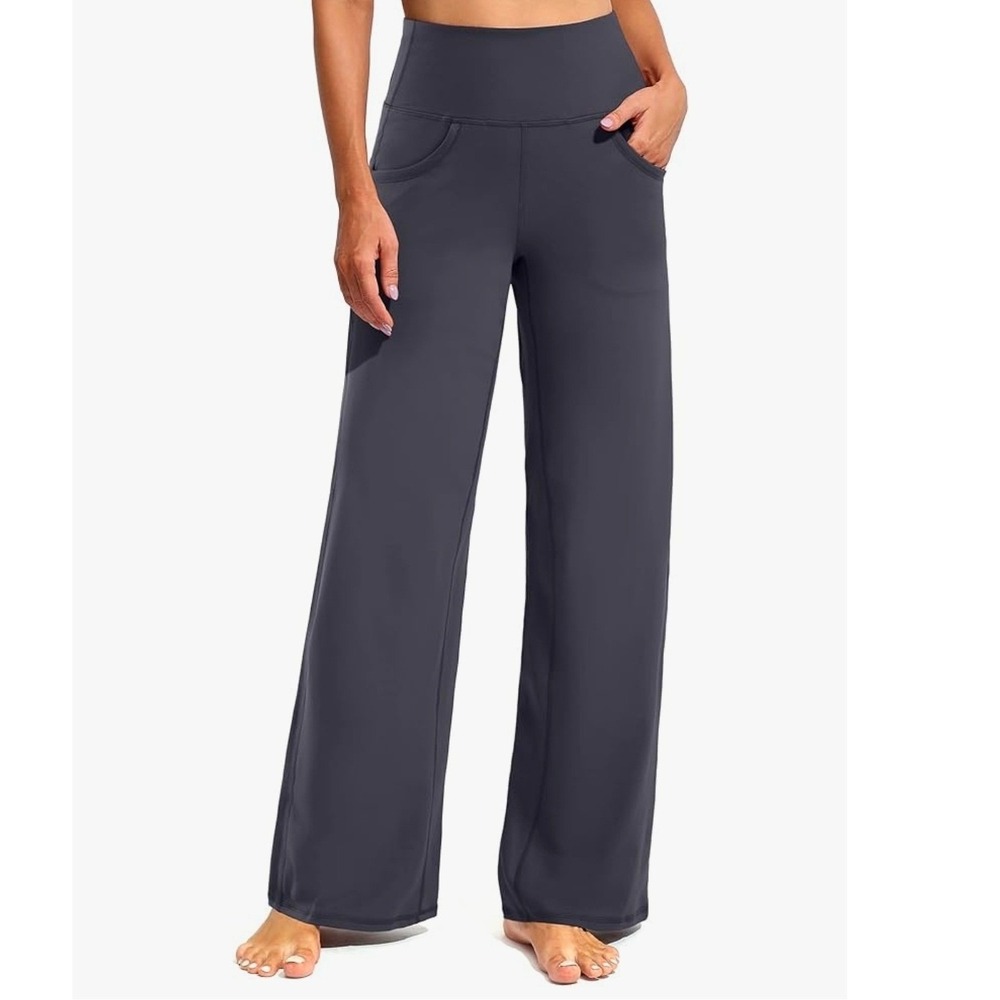 Promover Womens Wide Leg Yoga Pants High Waisted Pockets Dark Grey sz M